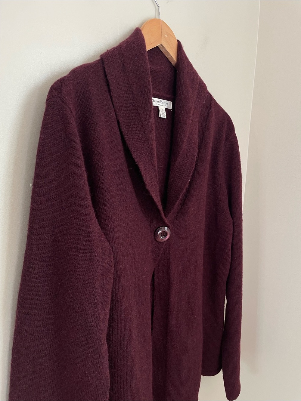 Vintage Susan Bristol Burgundy Shawl Collar Angora Wool Cardigan Sz 2X Cozy - Picture 3 of 9